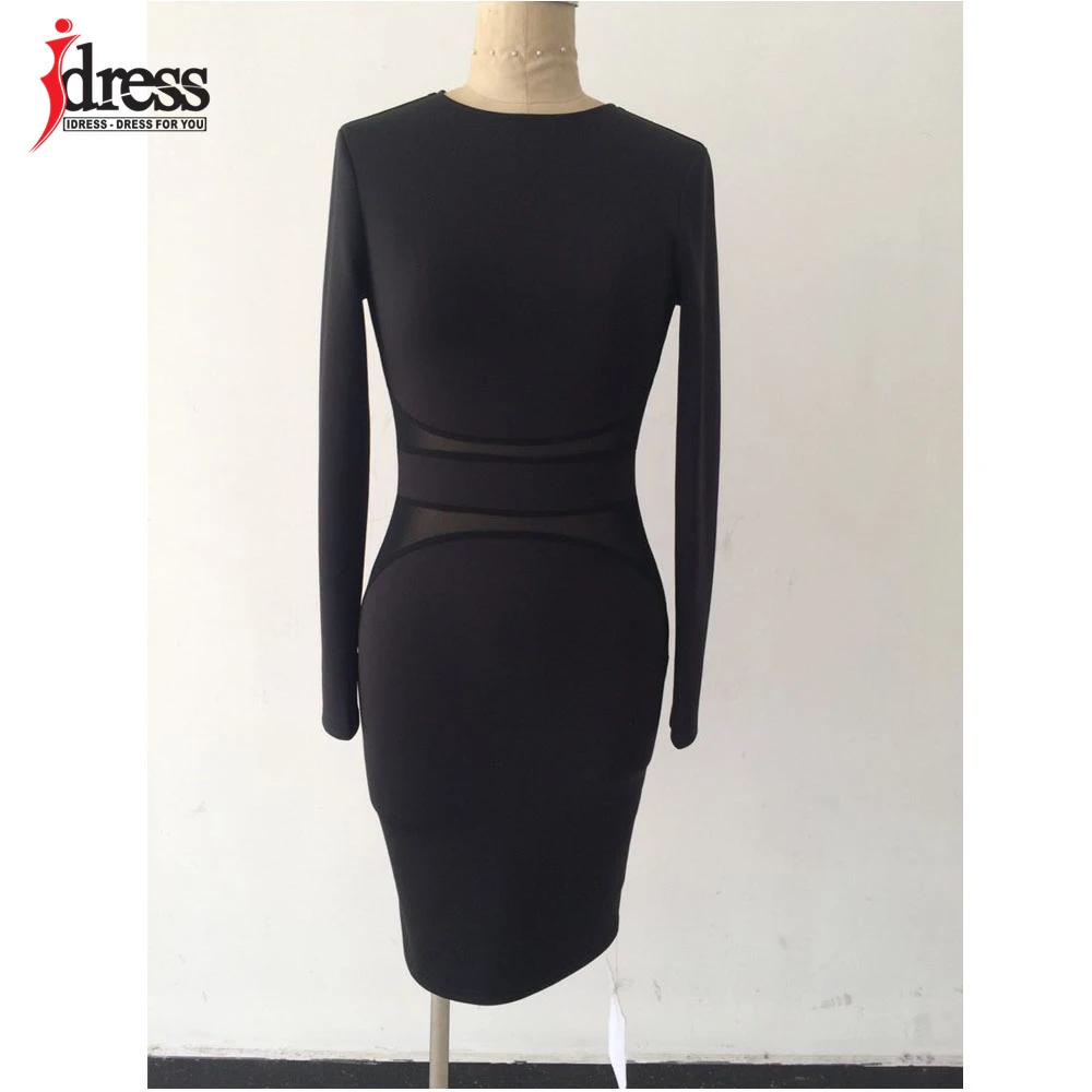Женское платье с длинным рукавом IDress черное облегающее Сетчатое рукавом|vestidos