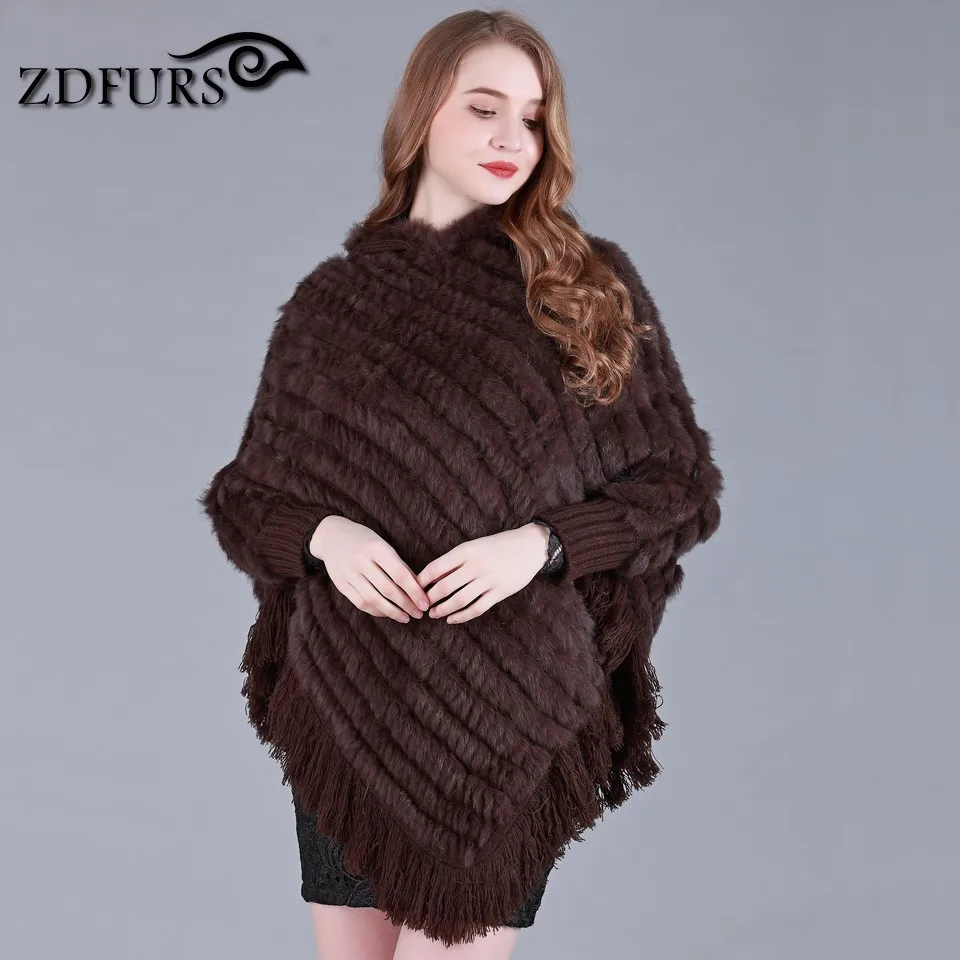 ZDFURS* Настоящее Вязаное пончо из кроличьего меха с капюшоном и кисточкой ручной работы Европейский свитер шаль оптом и в розницу ZDKR-165002