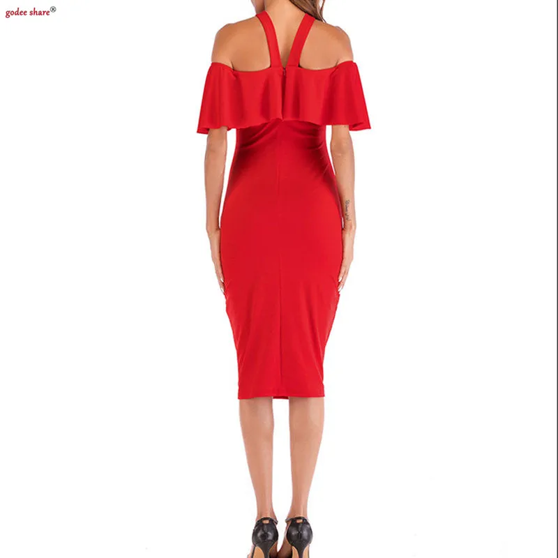 Пикантные Для женщин платье миди с рюшами без рукавов Твердые Холтер бретелек