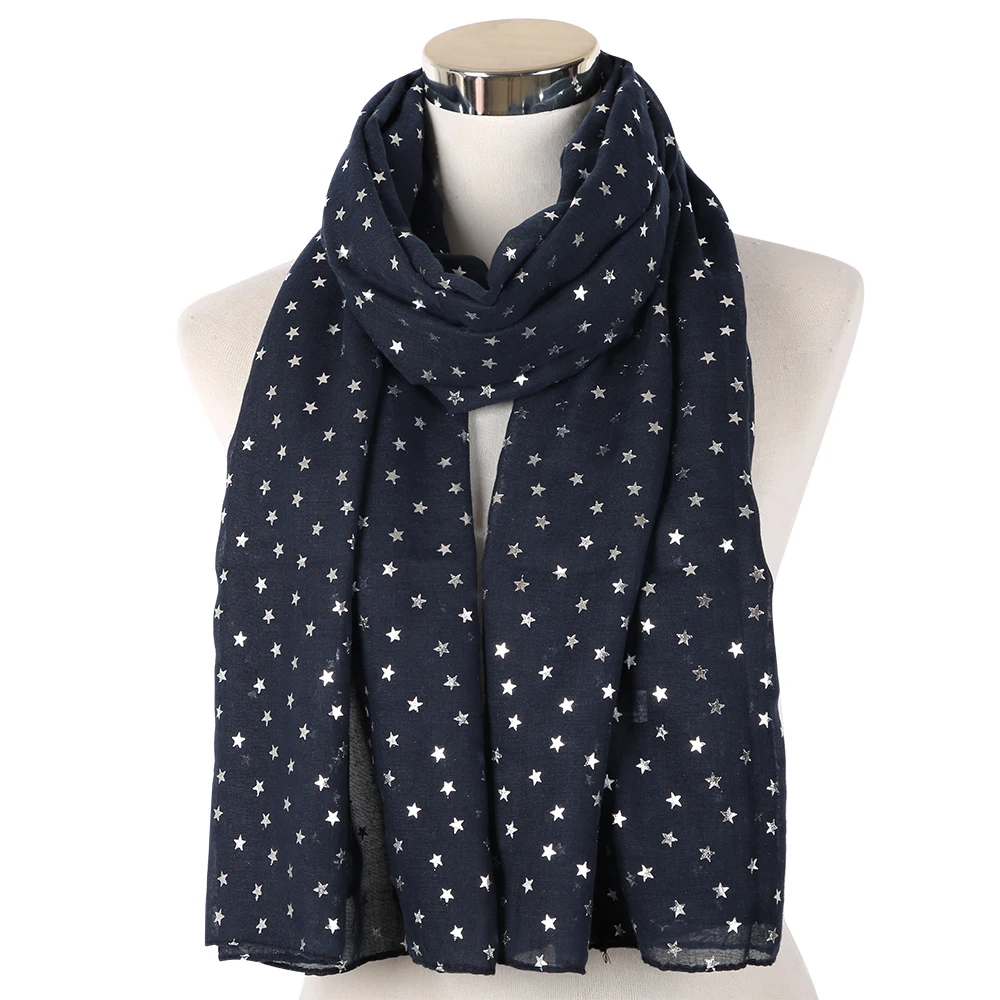 Женский шарф с серебряным принтом в виде звезд модный темно синий/розовый для шеи
