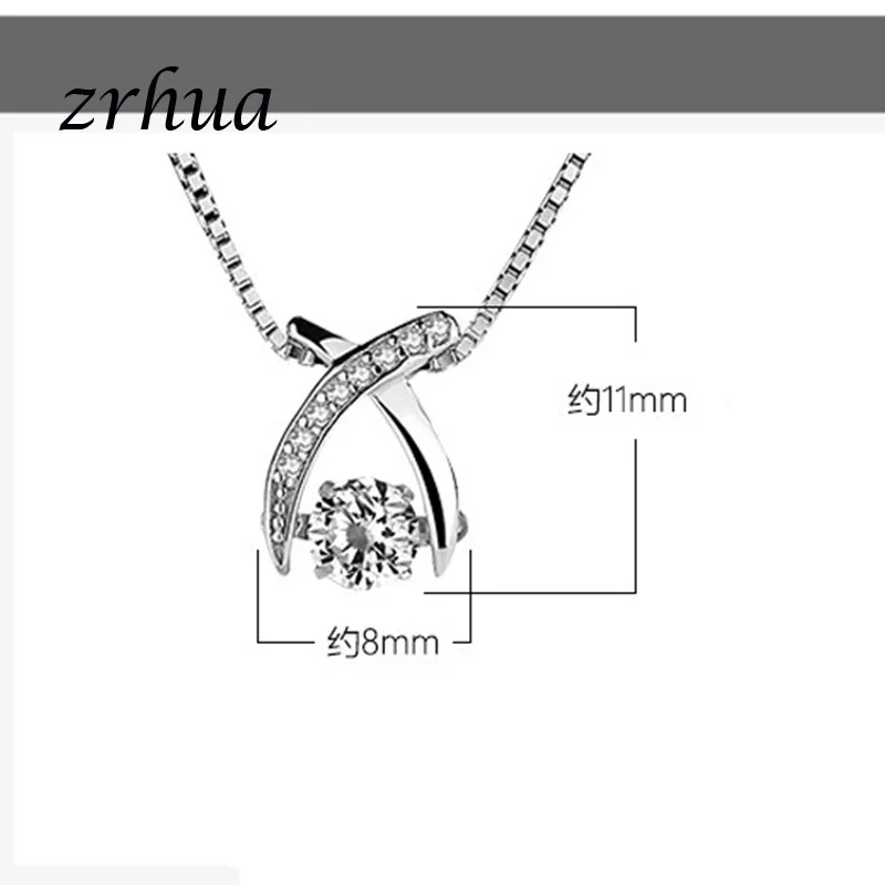 ZRHUA 925 Sterling Silver Necklace Crystal Long Pendant Neckace For Women Gift 45cm Box Chain choker Collares Mujer Female Gifts | Украшения