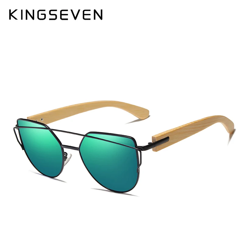 green bamboo Бренд KINGSEVEN, бамбуковые солнцезащитные очки кошачий глаз, поляризационные, металлическая оправа, деревянные очки, женские роскошные солнцезащитные очки, деревянный ящик - Цвет линз: green bamboo