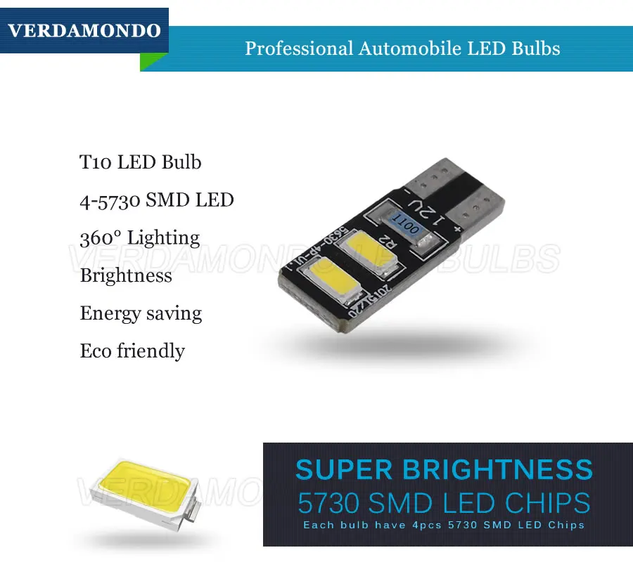 2Pcs W5W T10 LED Auto Lights 5730 4 SMD Wedge Car Interior Dome Reading License Plate Lamp White 12V Clearance Side Marker Bulbs |