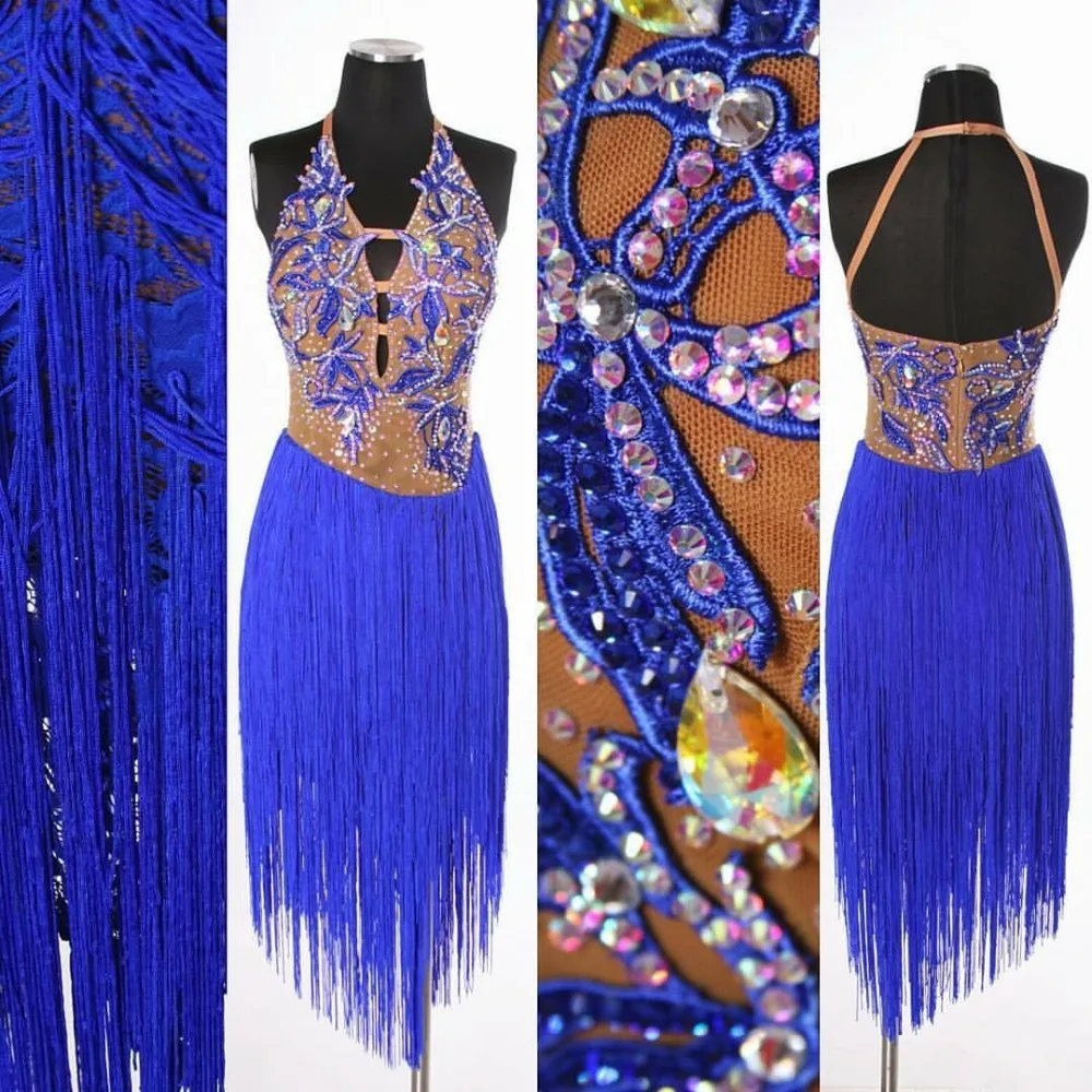 

latin dance dress women Sleeveless Backless latin dance dress Blue Tassels ballroom dance dress tango dress custom-made handmade