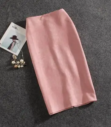 pink Красная, зеленая, синяя, Желтая Женская замшевая юбка из искусственной кожи, высокая талия, OL, офисная, для работы, на бедрах, тонкая длинная юбка-карандаш, для женщин, Новинка - Цвет: pink