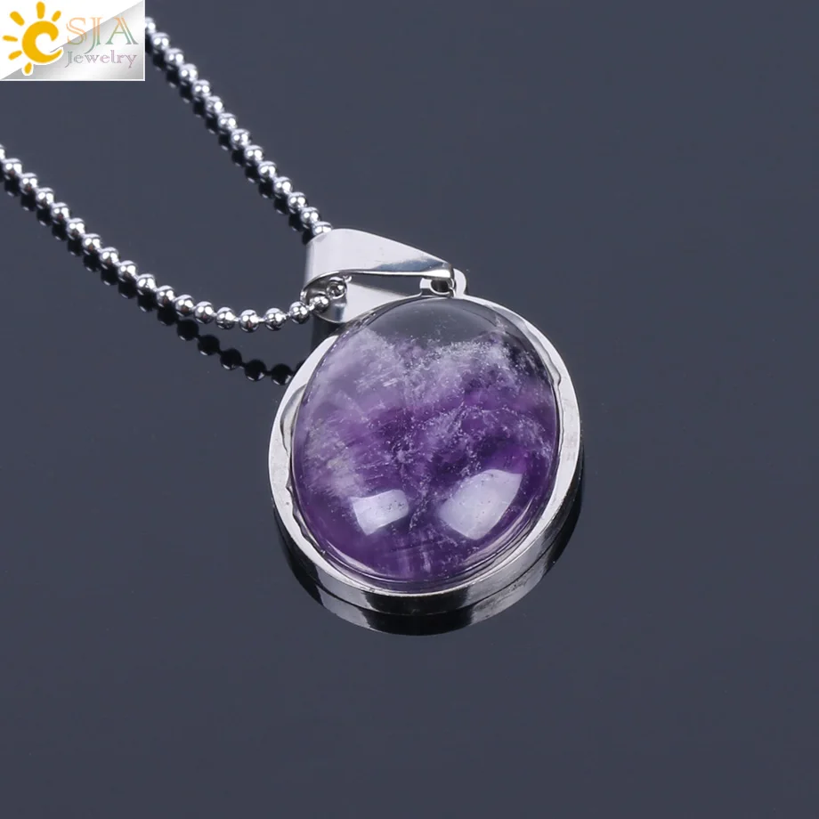 Amethyst Chain CSJA натуральный камень бусины в форме яйца Ожерелья Подвески Розовый кварц зеленый авантюрин лазурит тигровый глаз рейки ювелирные изделия F133 - Окраска металла: Amethyst Chain