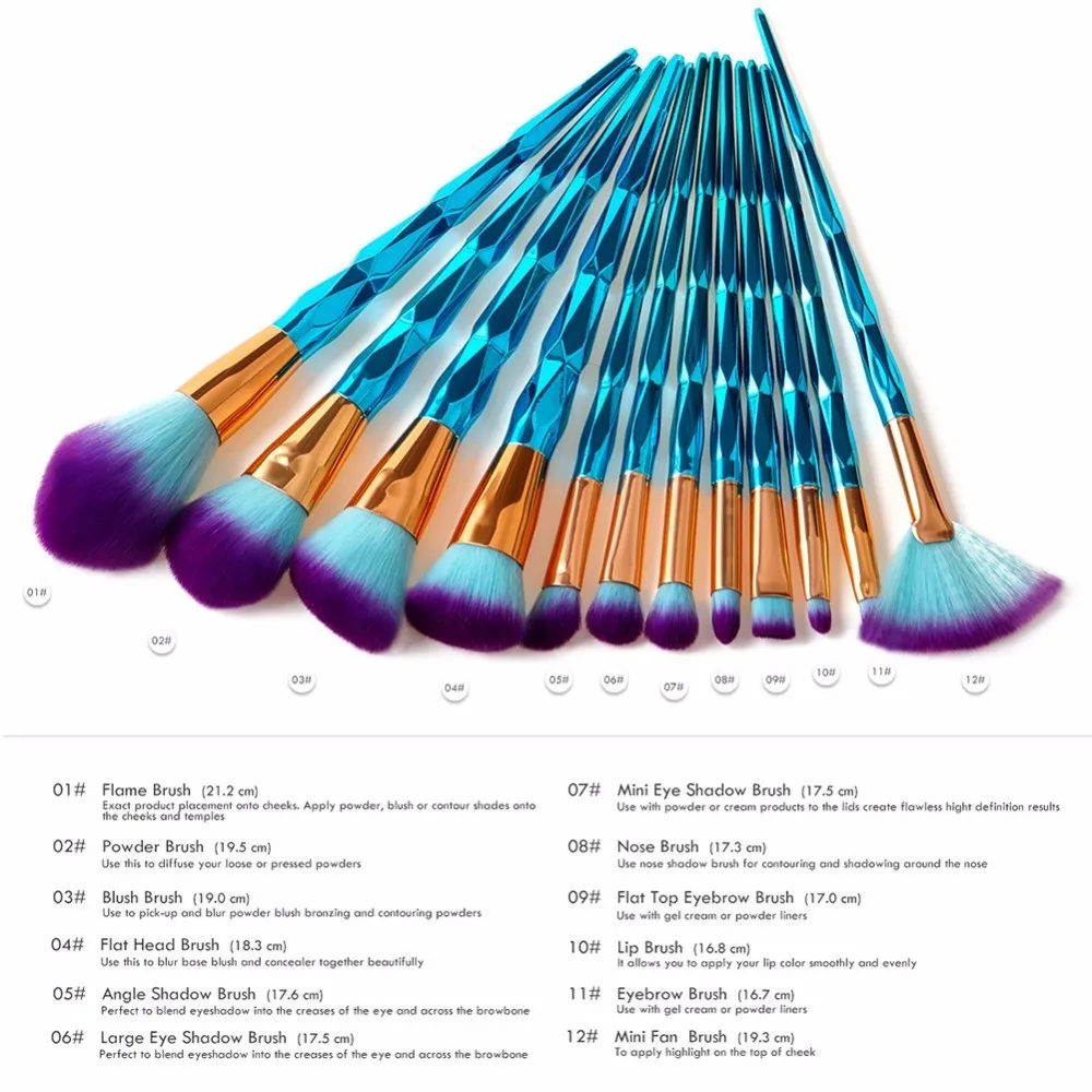 makeup brush set 7pcs/10pcs/12pcs unicorn diamond rainbow face& eye professional make up brush kit tools