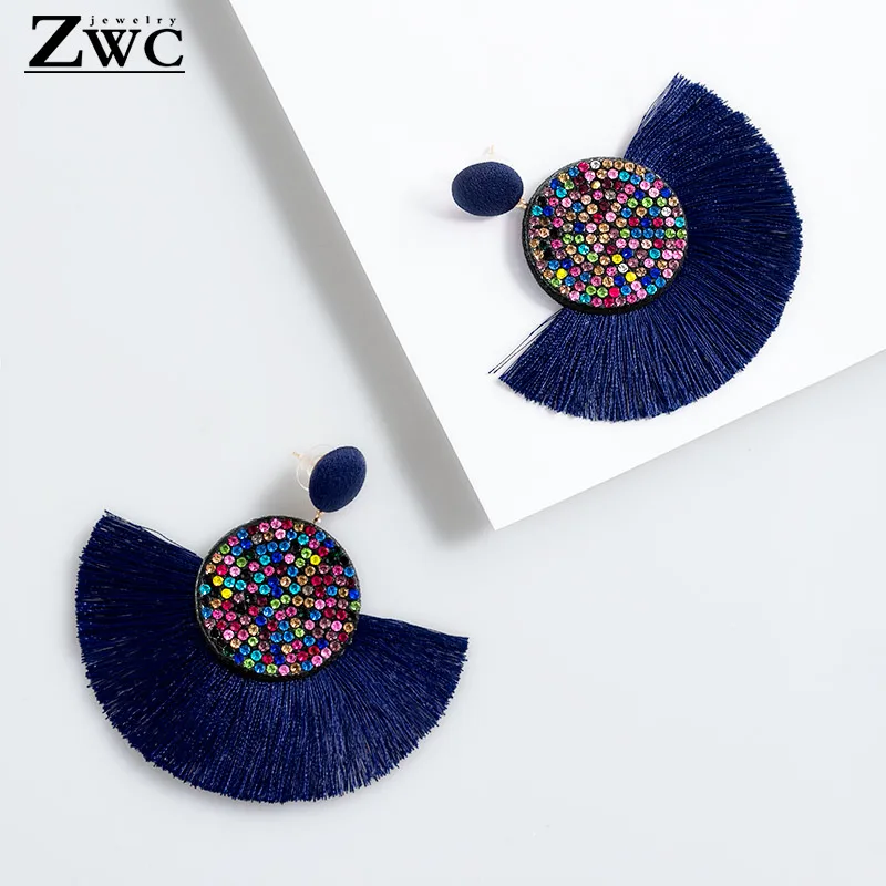 ZWC Fashion Exaggerated Bohemian Statement Color Crystal Round Long Tassel Earrings for Women Big Fringed Drop Jewelry | Украшения и