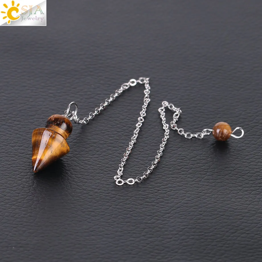 Tiger Eye CSJA розовый с кварцевым тигровым глазом маятник конус натуральный камень конусный кулон с цепочкой придавая Исцеление ювелирные изделия для женщин мужчин F376 - Окраска металла: Tiger Eye