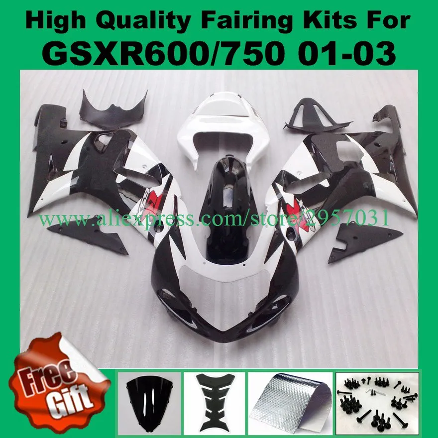 

Injection Fairing kit for GSXR600 GSXR750 01 02 03 K1 K2 K3 SUZUKI GSX-R750 GSX-R600 2001 02 2003 white blk fairings Free screws