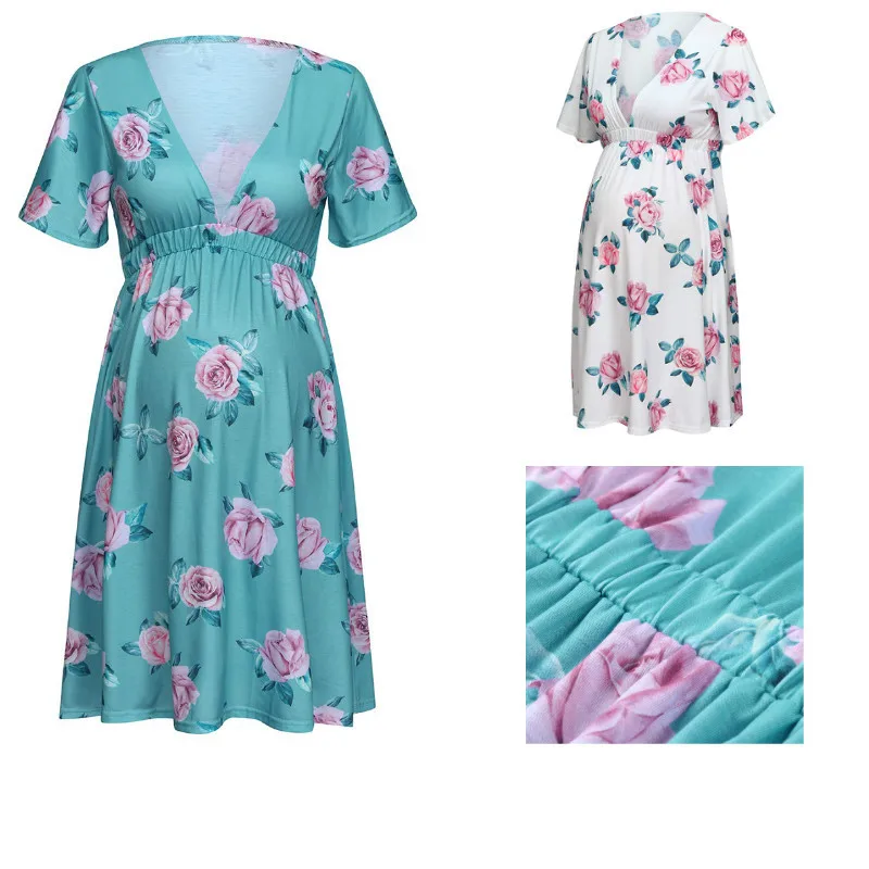 

Ropa mujer invierno Flower Print V-Neck Short Sleeve Baby Shower Front Tie Wrap Maternity Dress women Clothes for pregnancy Mum