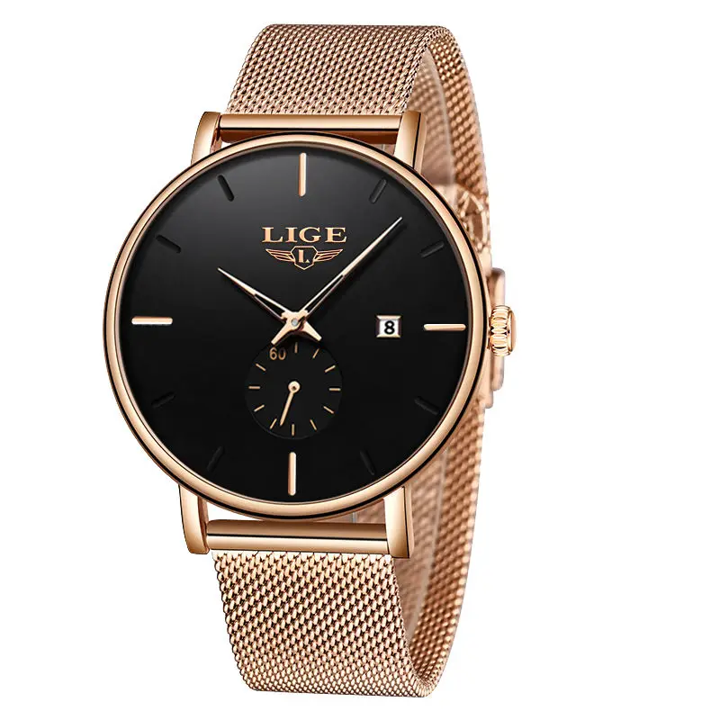 All rose black LIGE роскошные женские часы с металлической сеткой Простые Классические наручные Модные Повседневные кварцевые высококачественные женские часы Relogio Feminino - Цвет: All rose black