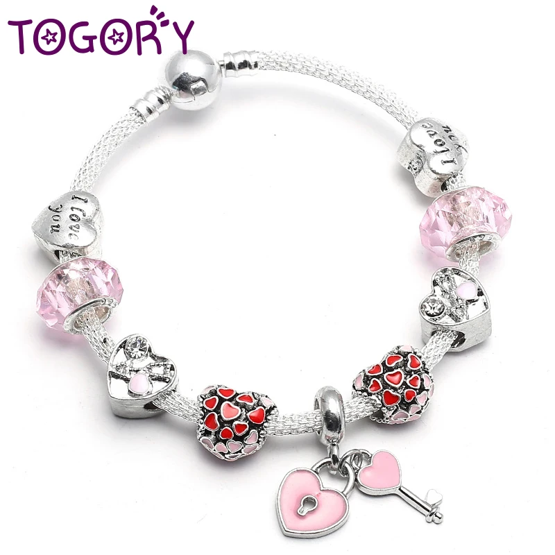 Женский браслет TOGORY с подвесками в виде сердца брелоком и бусинами ювелирное