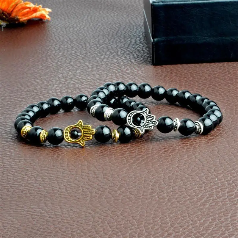Natural Stone Fatima Hamsa Hand Men Bracelet Black Matte Lava  Chakra Energy  Summer Jewelry