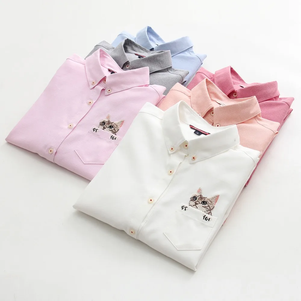 2017 New High Quality Spring Autumn Women Blouse Cats Embroidery Long Sleeve Work Shirts office Tops White Blouses |