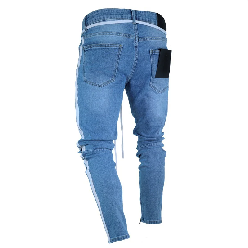 Men's Side Stripe Hip Hop Blue Distressed Jeans Drawstring Elastic Waist Ripped Ankle Length with Zipper Pencil Pants | Мужская