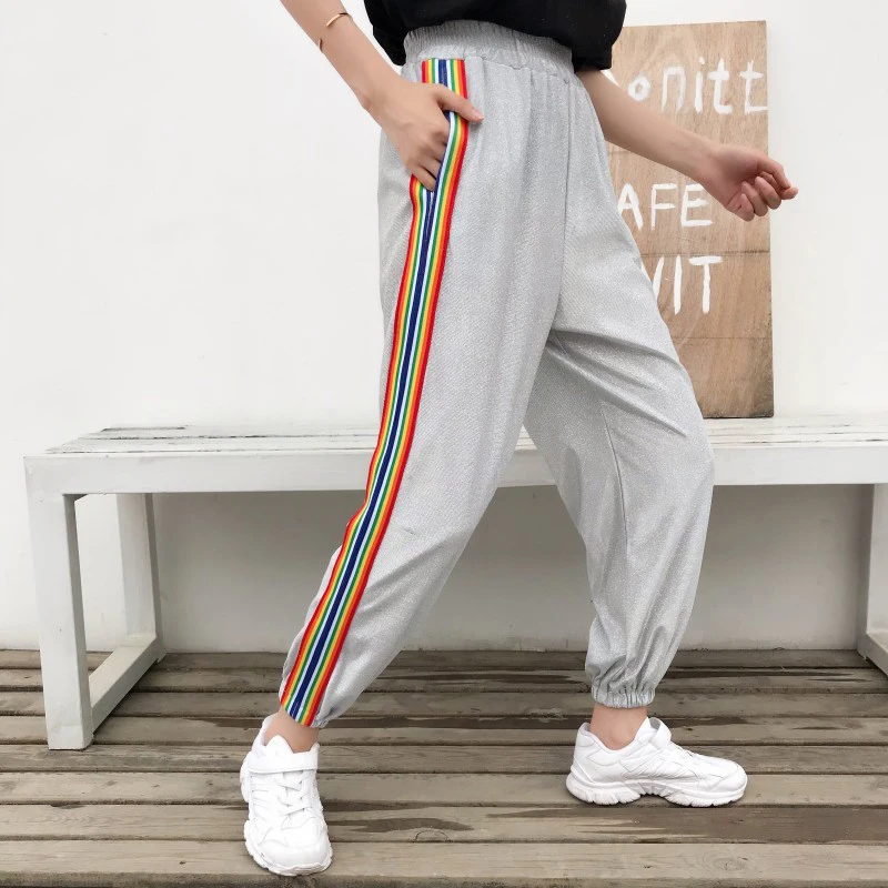 Женские брюки 2019 летняя одежда женские корейский стиль Ulzzang Harajuku радужные