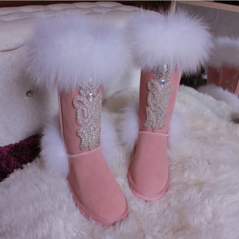Женские зимние теплые ботинки из коровьей замши розового лисьего меха | Обувь