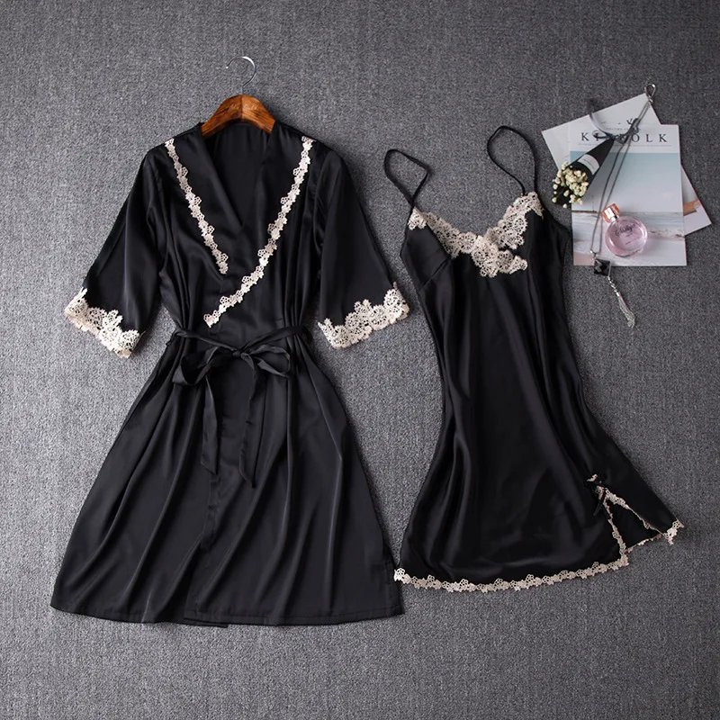 Роскошная сексуальная шелковая ночная рубашка для женщин 2 предмета халаты и