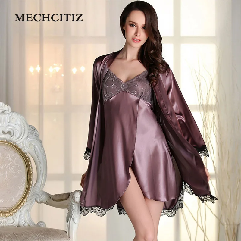 MECHCITIZ 2019 Autumn Women's Pajamas Bothrobe Nightwear Two Piece Suit Long Sleeve Silk Robe Lace Bridesmaid Wedding Sleepwear | Женская