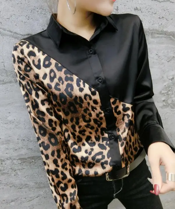Women's Spring Autumn Leopard Print Imitation Silk Shirt Tops Female Sexy Contrast Color Plus Size Satin Blouse Tees 3XL TB611