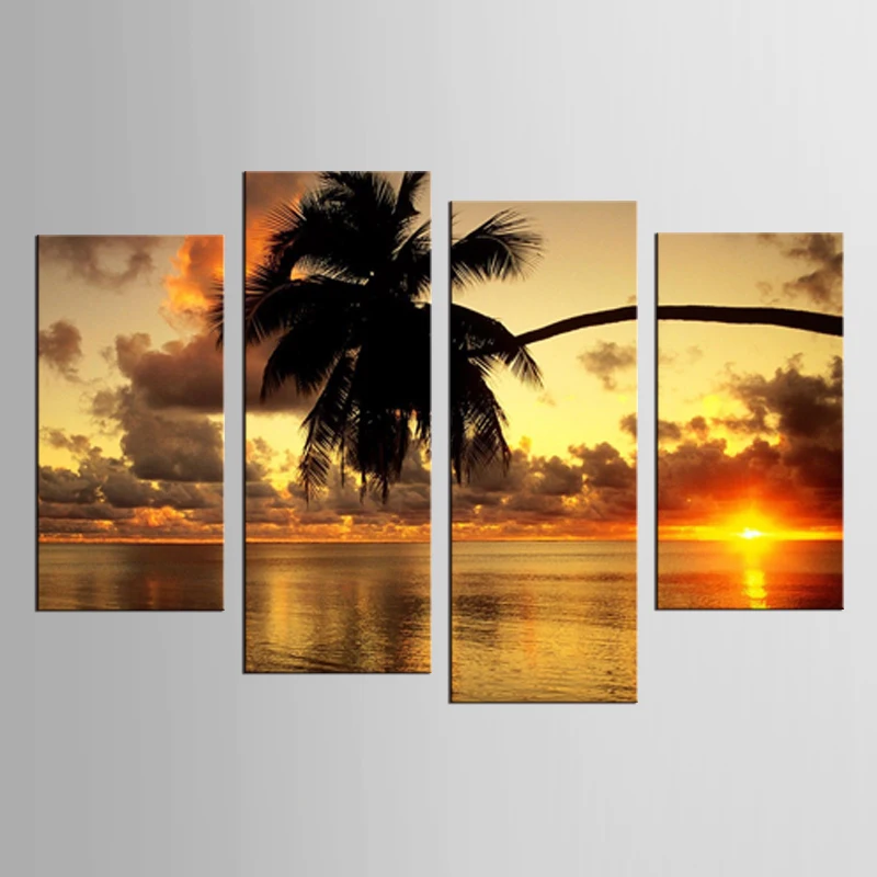 

4 panel framed island sunset coconut tree landscape painting mural artist decoration living room canvas print modern painting