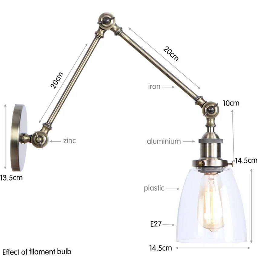 Goede Antieke Verstelbare Swing Wandlamp Led Schansen Edison Loft Retro Lange Arm Wandlamp Decor Home Verlichting Ijzer Glas Armaturen