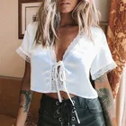 Модный женский Сексуальный Кружевной укороченный топ с коротким рукавом, пляжный Летний жилет в стиле бохо, Женская майка с V-образным вырезом, свободная Кружевная футболка, белая одежда