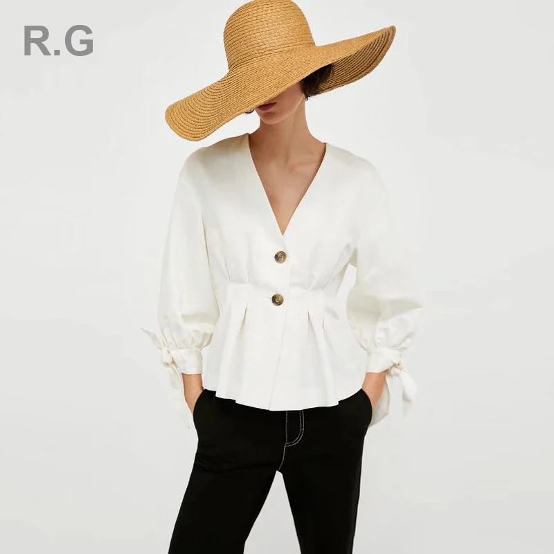 

RG Fashion V-Neck Women Blouse Bow Decoration Cuff Long Sleeve Women Crop Tops Blouses Summer Autumn blusas femininas 2018
