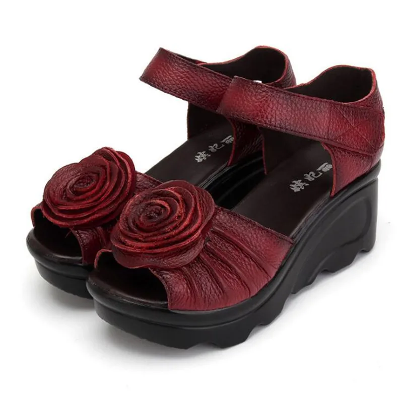 

Women's shoes Genuine Leather wedges comfortable female sandals summer thick bottom retro women's shoes Fashion women's sandals