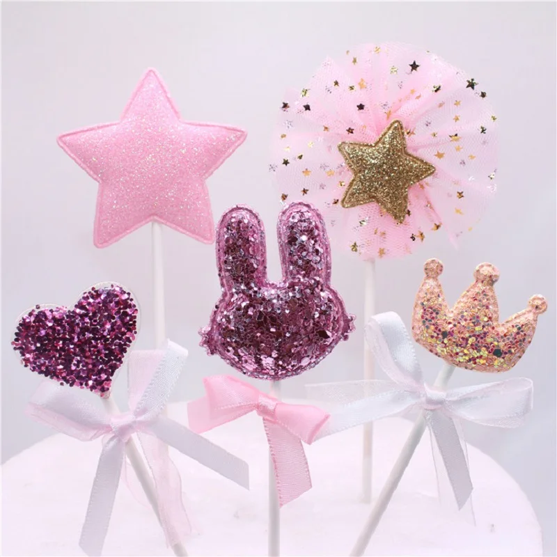 5Pcs Sequin Star Heart Crown Rabbit Birthday Cake Topper Cupcake Decoration Baby Shower Kids Party | Дом и сад