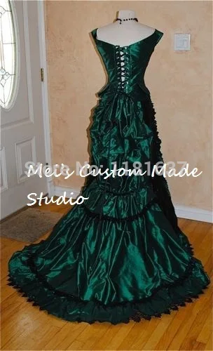 

Green Black Gothic Steampunk Victorian Bustle Reproduction 3pce Set Moive Theater&Bridal Dress Lace-Up Period Dress