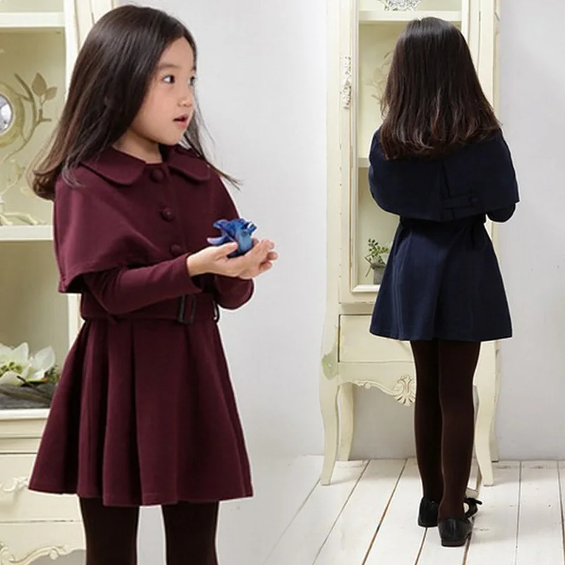 Girls Princess Dress with Cloak Spring Autumn Long Sleeve Kids Dresses for Solid Sashes A-line Teens Children Clothing | Детская одежда