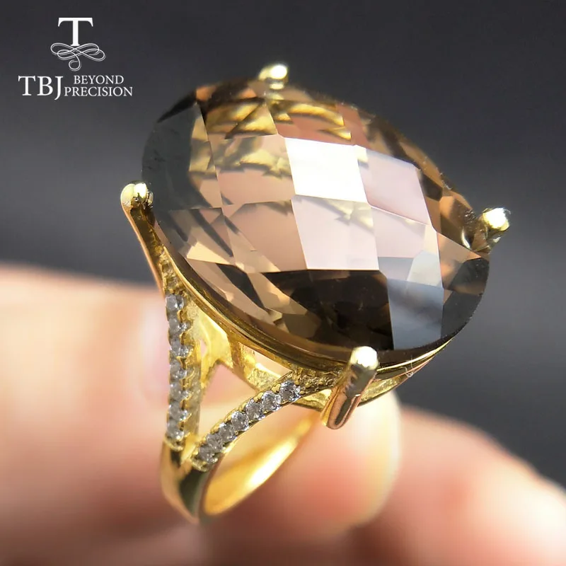 TBJ большое кольцо с дымчатым камнем 11ct в желтом золотом цвете 925 пробы