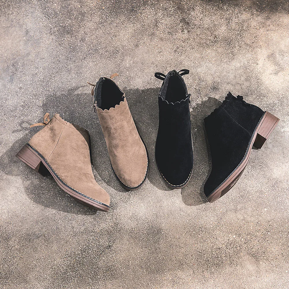 Женские ботинки обувь с круглым носком на плоской подошве однотонные замшевые