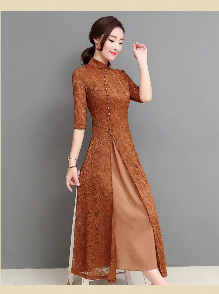Вьетнамское платье для женщин, винтажное, восточное, китайское, Qipao, Cheongsams, обтягивающее, облегающее, кружевное, с вышивкой, свадебное, Aodai, одежда