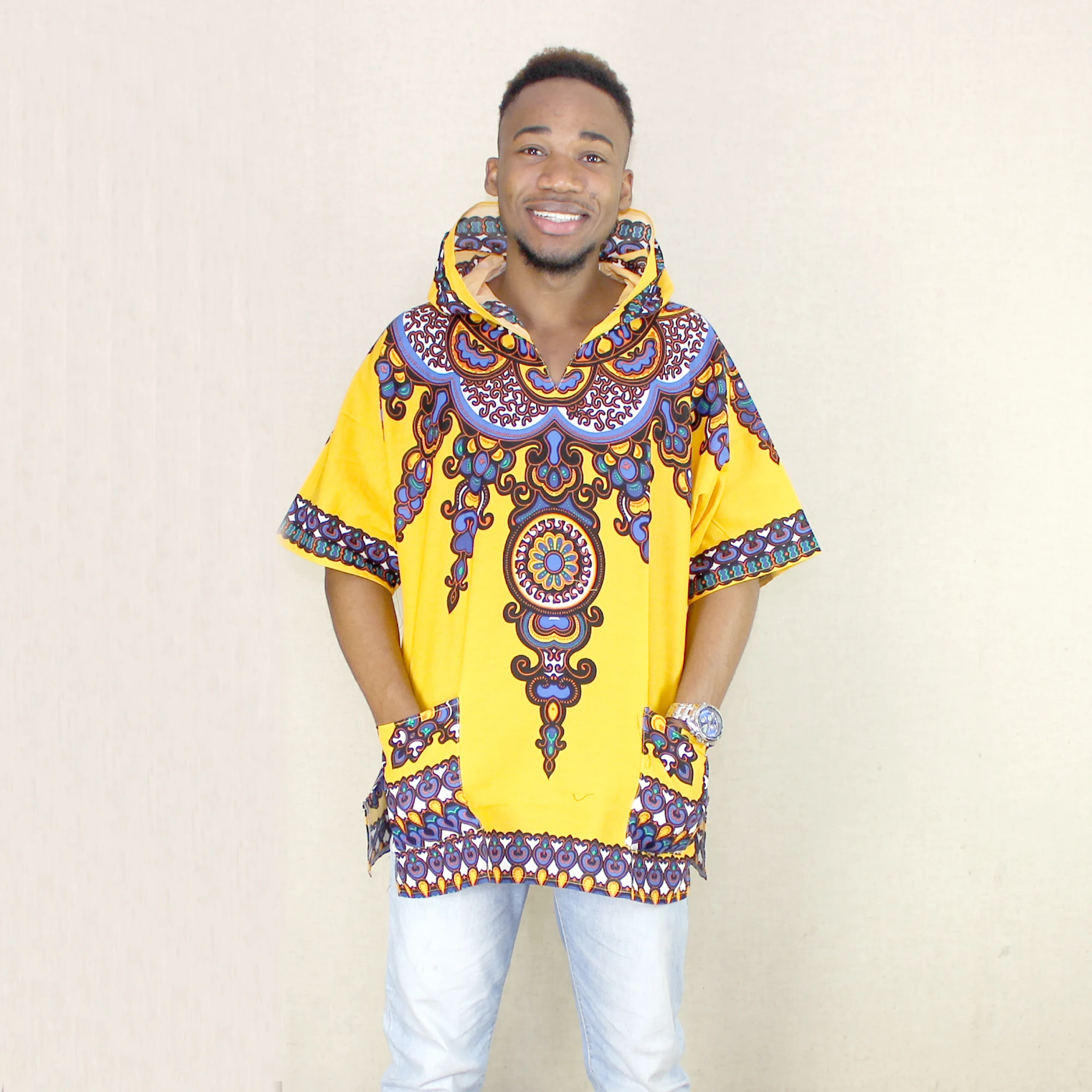 

African Clothing Yellow Cotton African Dashiki Print Pockets Tops Shirt With Hood