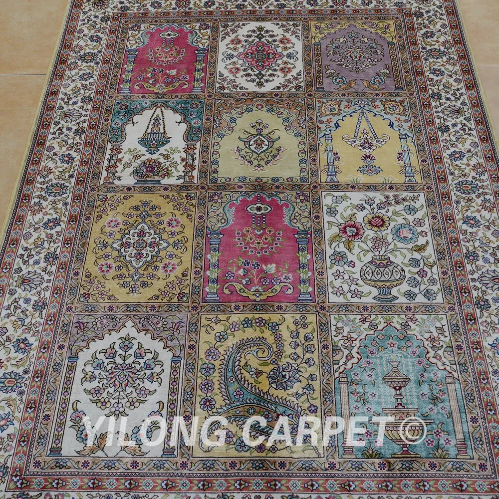 Yilong 3 'x 4 5' Античный персидский шелк розовый садовый коврик ручной вязки