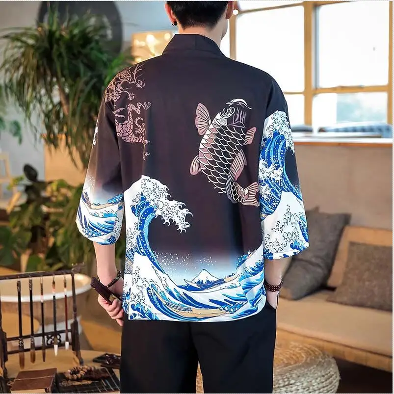 Японское кимоно кардиган для мужчин haori yukata мужской самурайский костюм одежда кимоно куртка мужская кимоно рубашка yukata haori FF001 - Цвет: Черный