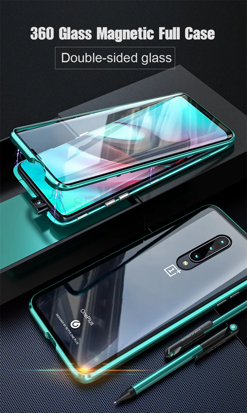 Роскошный магнитный металлический бампер чехол для Oneplus 7 Pro Чехол прозрачный двусторонний-стекло в рамке полный корпус Чехол One Plus 7 Pro Чехол Броня