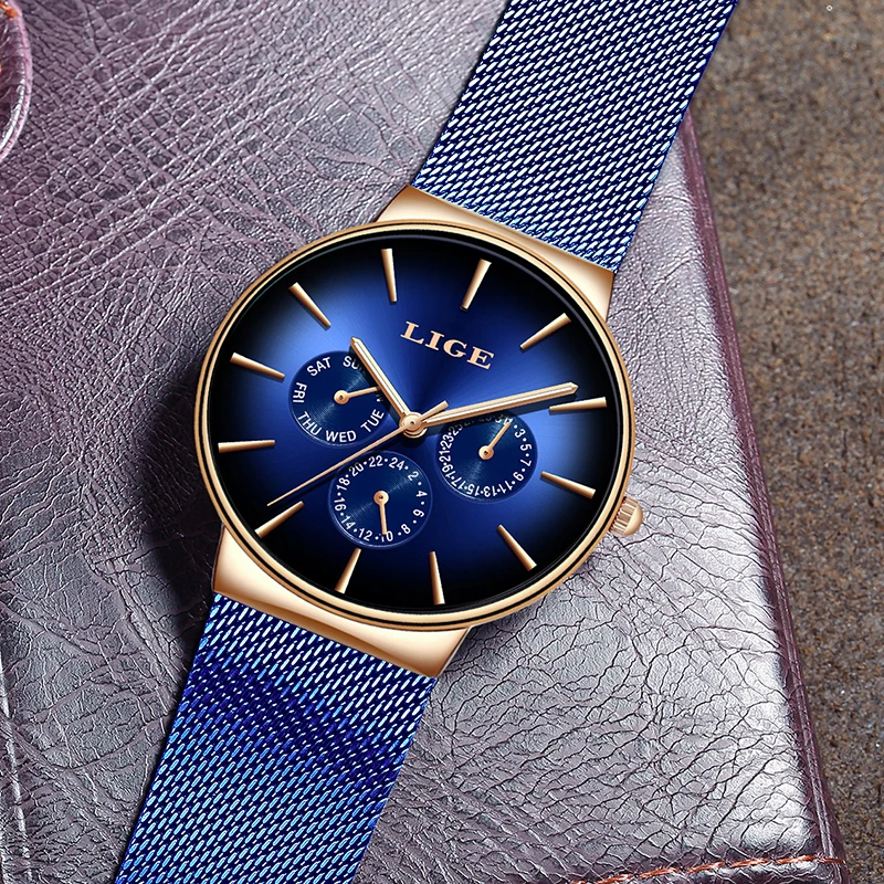 Новые мужские часы LIGE Топ бренд класса люкс повседневные модные сетка с