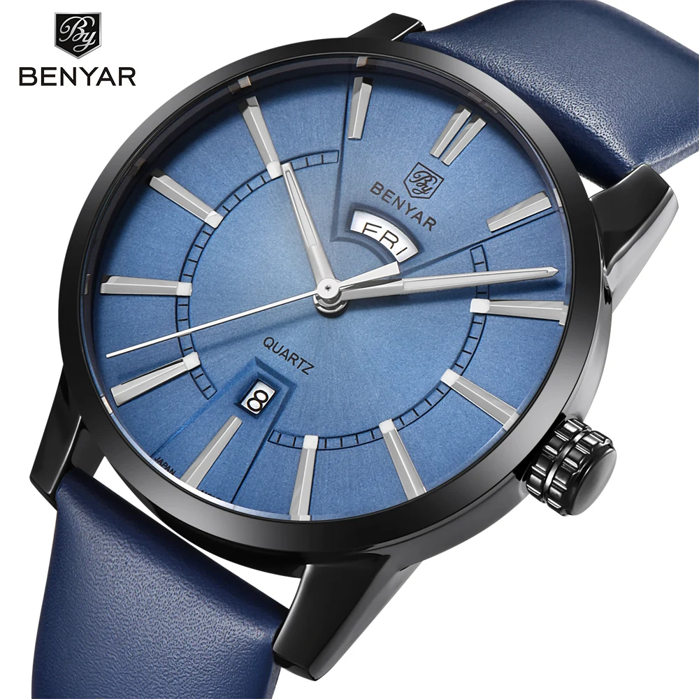 

BENYAR Men Watches Fashion Sports Top Brand Luxury 3ATM Waterproof Quartz Leather Date Week Hour Time Male Clock Black Blue 2019