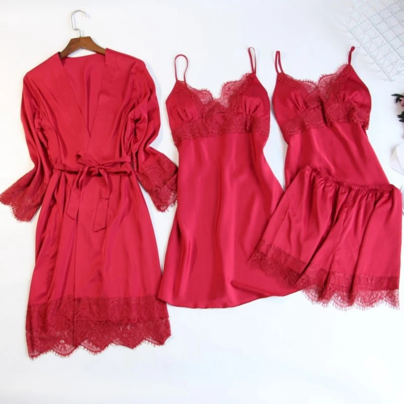 

4 piece elegant Pajamas Set Pyjama Femme Satin Tops + Robes Sexy Lingerie Sleepwear Nightwear bridesmaid kimono homewear silk
