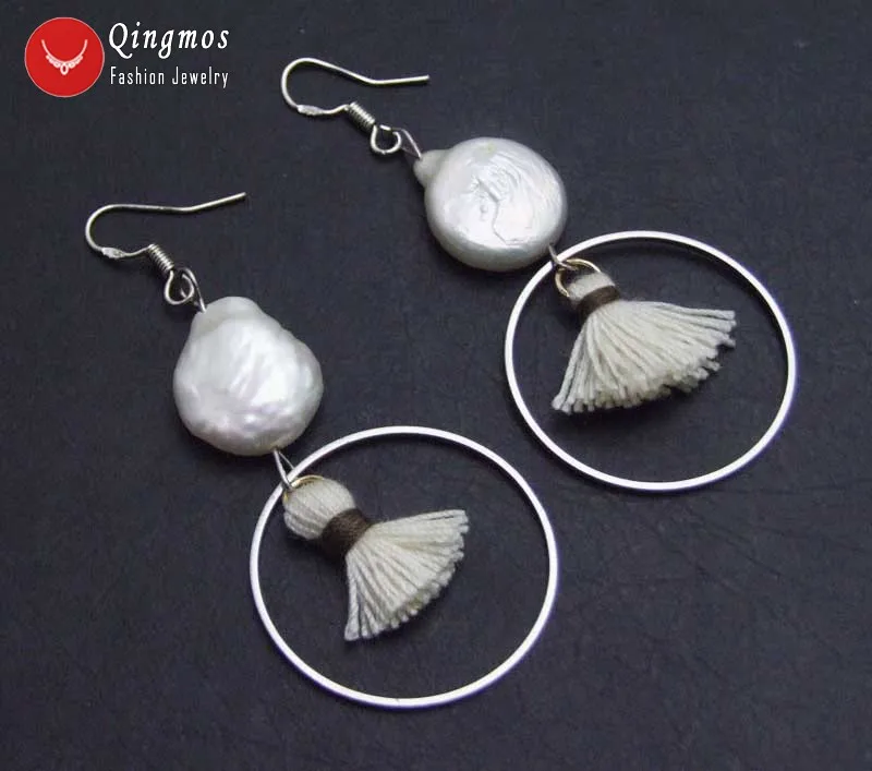 

Qingmos Natural Pearl Earrings for Women with 13-14mm White Coin Pearl and Metal Ring Dangle Pink Tassel Earring Jewelry ear640