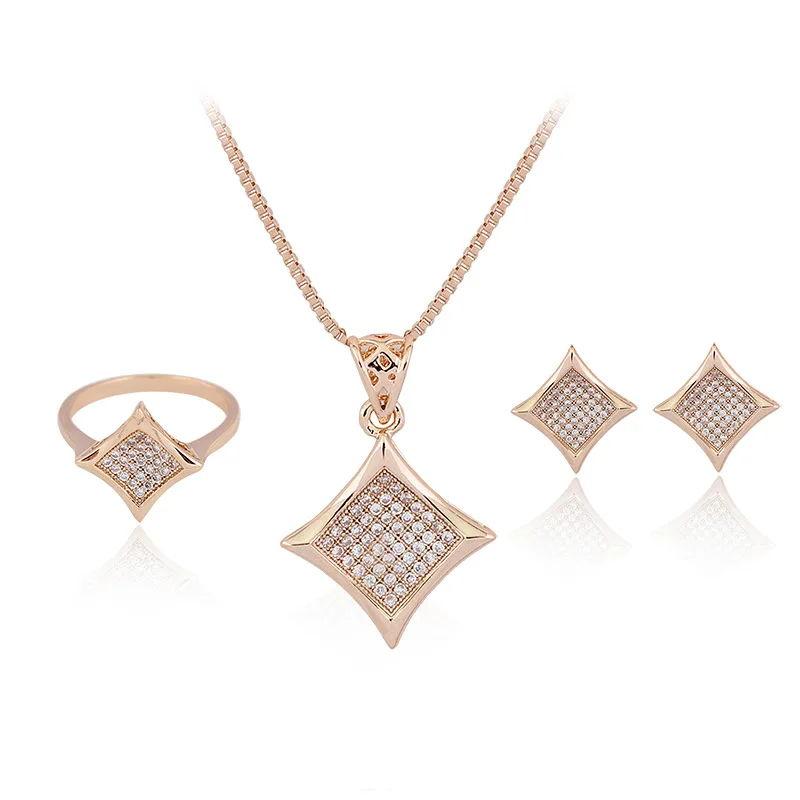 Full Rhinestone Jewelry Sets For Women Gold Color Micro Crystal Geometric Square Pendant Necklace Earrings Ring Set Bridals | Украшения и