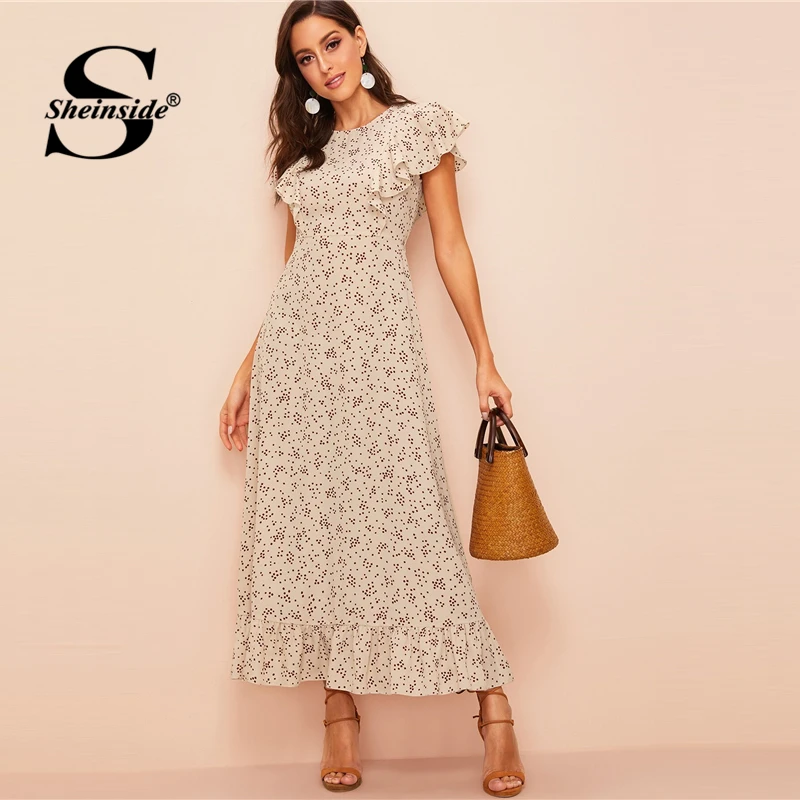 Sheinside платье с оборками и цветочным принтом, абрикосовое облегающее и расклешенное богемное платье макси, женское платье, летнее платье трапециевидной формы с рукавом-бабочкой