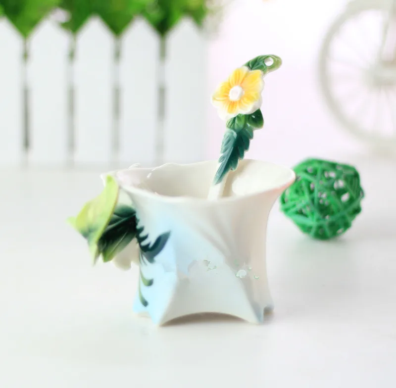 3D Сакура эмалированная Кружка для чая молока набор с ложкой и блюдцем креативный