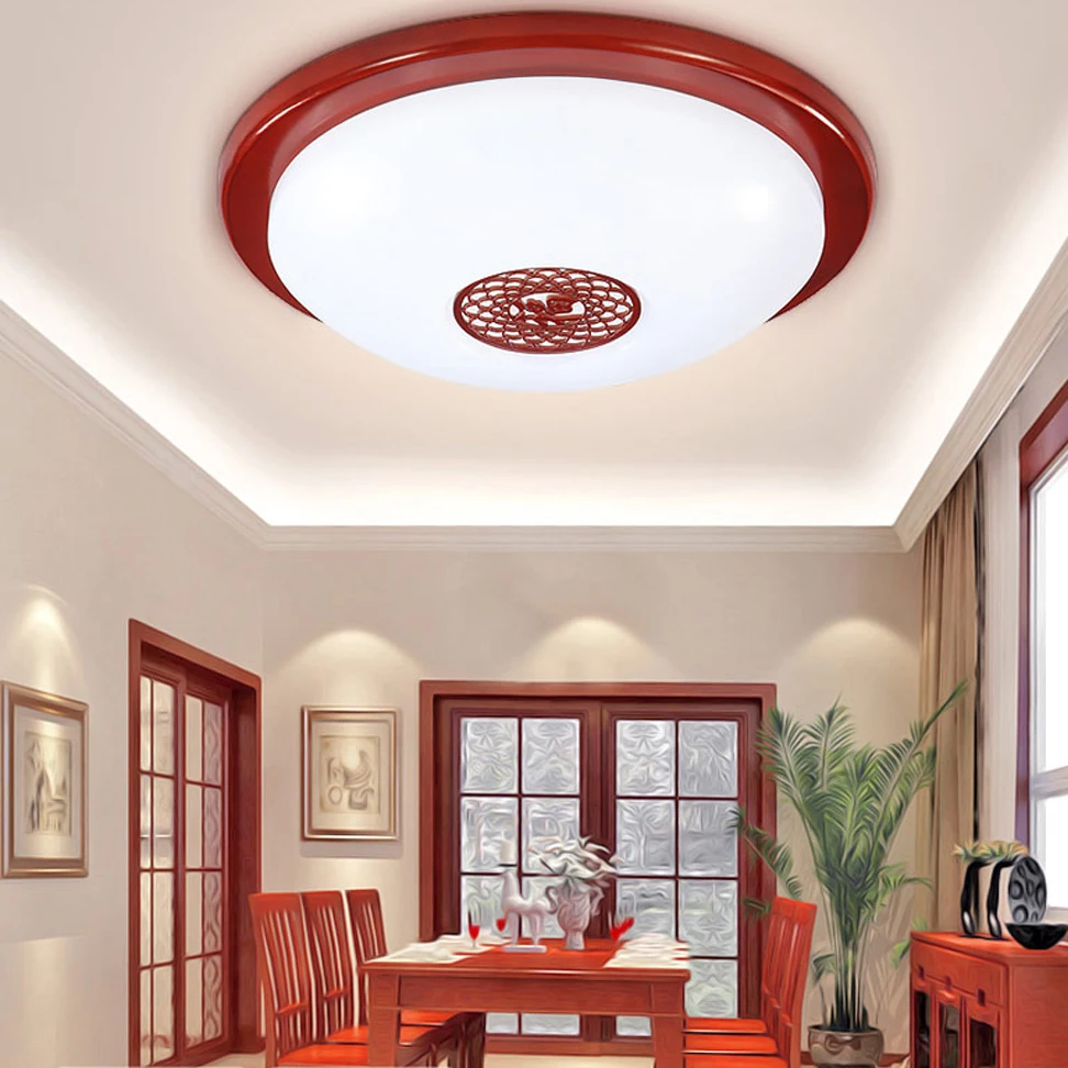 New Chinese Style Wooden Acrylic Carved LED Red Round Ceiling Light Lamp For Foyer Study Corridor Hallway Balcony Bedroom | Лампы и