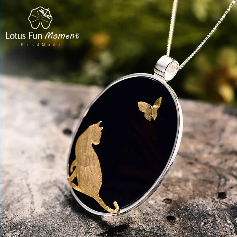 Lotus Fun Moment Настоящее стерлингового серебра 925 натуральный камень ювелирные изделия Кот и бабочка кулон без ожерелье для женщин - Окраска металла: Gold Color
