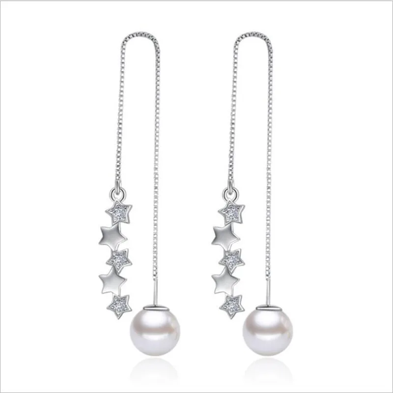 

2018 Hot Sale Crystal Star Pearl Female Drop Earrings For Women Party Accessories Fashion Silver Plated Tassel Earrings Women